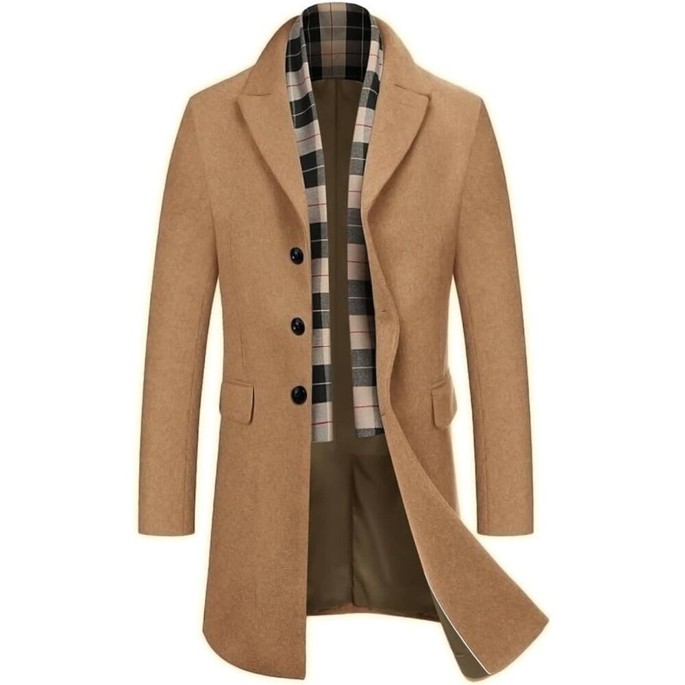 Men's Wool Blend Coat Detachable Plaid Scarf Notched Collar Pea Coat Coffee